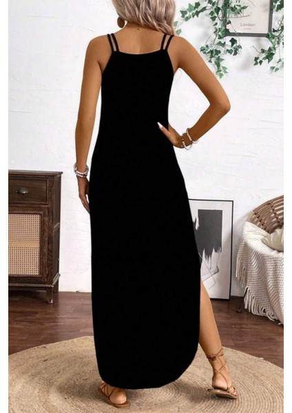 Askılı V Yaka Salaş Kesim Uzun Viskon Elbise - Siyah modelleri