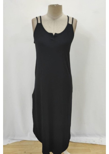 Askılı V Yaka Salaş Kesim Uzun Viskon Elbise - Siyah fırsatları