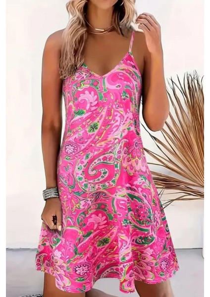 Askılı Desenli Yazlık Süprem Elbise - Pembe modelleri