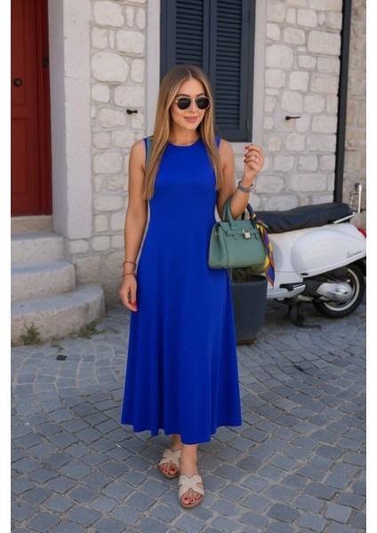 Bisiklet Yaka Kolsuz Uzun Viskon Elbise - Saks