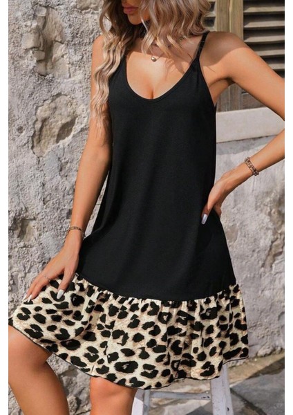 Leopar Desen Volan Detaylı Yuvarlak Yaka Elbise - Siyah fiyatları