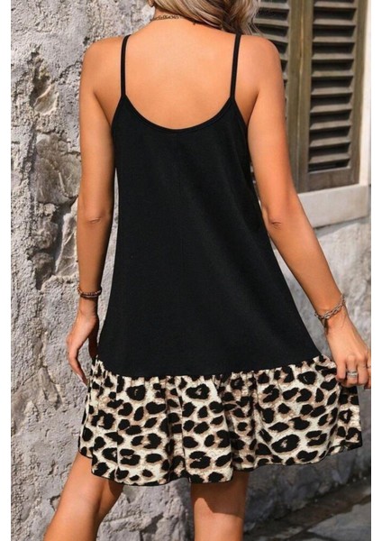 Leopar Desen Volan Detaylı Yuvarlak Yaka Elbise - Siyah modelleri