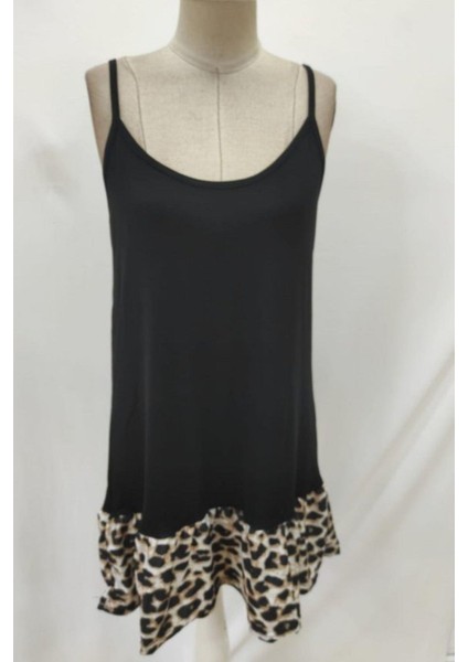 Leopar Desen Volan Detaylı Yuvarlak Yaka Elbise - Siyah fırsatları