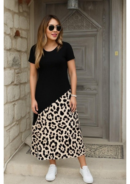 Bisiklet Yaka Leopar Detaylı Midi Elbise - Siyah