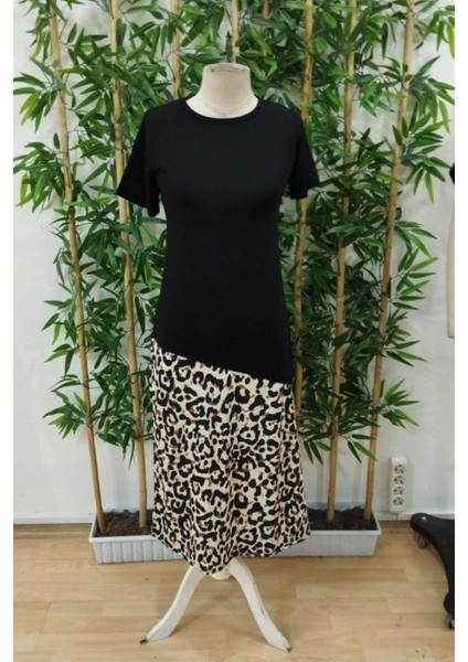Bisiklet Yaka Leopar Detaylı Midi Elbise - Siyah fiyatları
