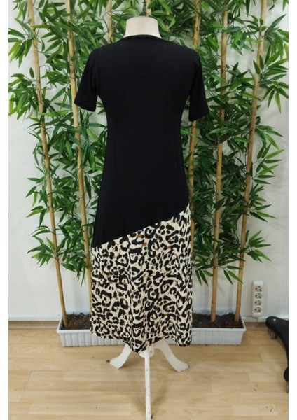 Bisiklet Yaka Leopar Detaylı Midi Elbise - Siyah modelleri
