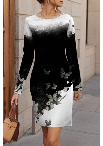 Yuvarlak Yaka Desenli Kısa Şardonlu Dalgıç Elbise - Siyah