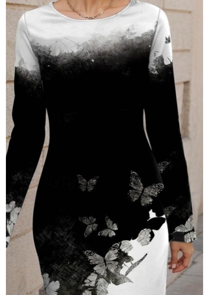 Yuvarlak Yaka Desenli Kısa Şardonlu Dalgıç Elbise - Siyah fiyatları