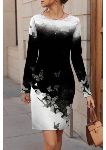 Yuvarlak Yaka Desenli Kısa Şardonlu Dalgıç Elbise - Siyah modelleri