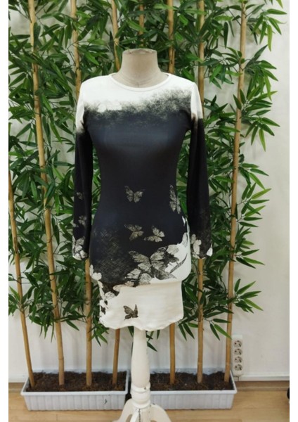 Yuvarlak Yaka Desenli Kısa Şardonlu Dalgıç Elbise - Siyah fırsatları