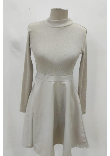 Balıkçı Yaka Uzun Kollu Alt Deri Detaylı Mini Elbise - Bej fırsatları