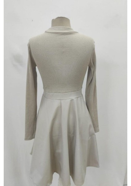 Balıkçı Yaka Uzun Kollu Alt Deri Detaylı Mini Elbise - Bej indirimleri