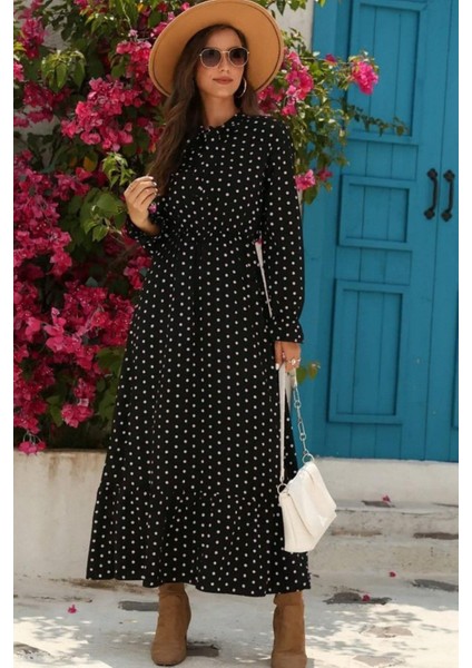 Uzun Kollu Yakası Bağcıklı Krep Elbise - Siyah