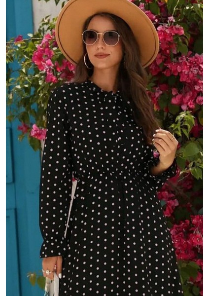 Uzun Kollu Yakası Bağcıklı Krep Elbise - Siyah fiyatları