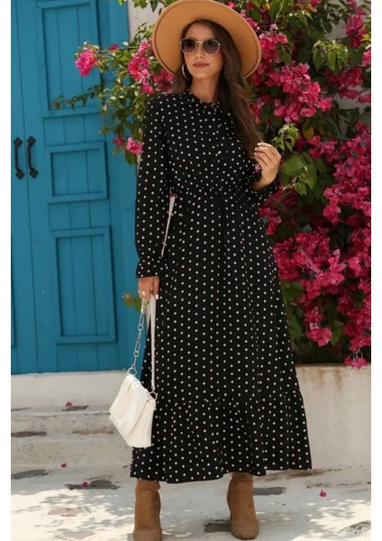 Uzun Kollu Yakası Bağcıklı Krep Elbise - Siyah modelleri