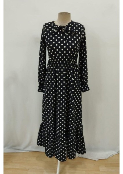 Uzun Kollu Yakası Bağcıklı Krep Elbise - Siyah fırsatları