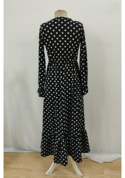 Uzun Kollu Yakası Bağcıklı Krep Elbise - Siyah indirimleri