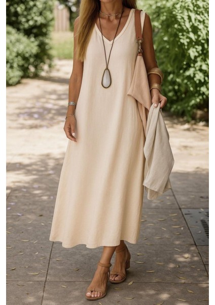 V Yaka Kolsuz Salaş Ithal Keten Elbise - Bej