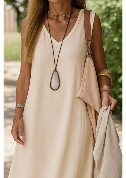 V Yaka Kolsuz Salaş Ithal Keten Elbise - Bej fiyatları