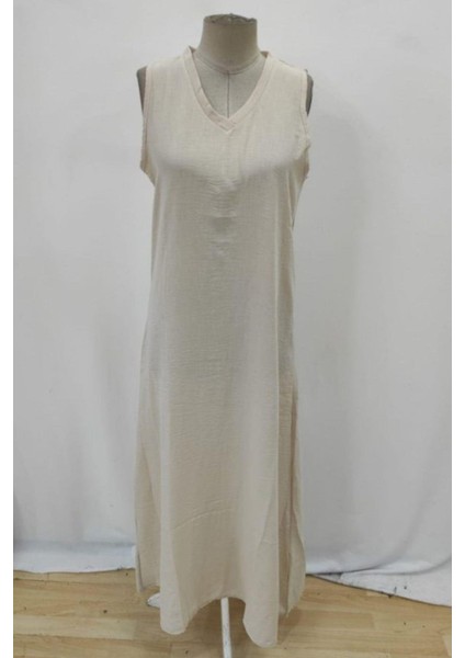 V Yaka Kolsuz Salaş Ithal Keten Elbise - Bej fırsatları