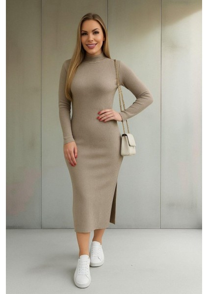 Balıkçı Yaka Midi Kaşkorse Elbise - Taş