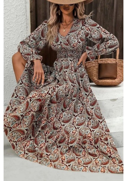 Uzun Kollu Beli Lastikli Desenli Süprem Elbise - Kahve