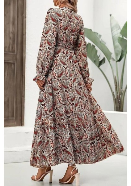 Uzun Kollu Beli Lastikli Desenli Süprem Elbise - Kahve fiyatları