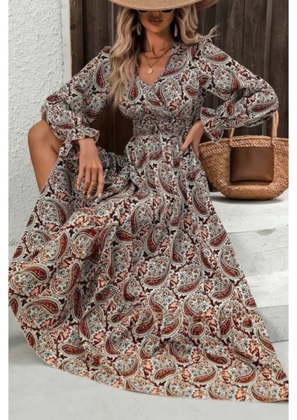 Uzun Kollu Beli Lastikli Desenli Süprem Elbise - Kahve modelleri