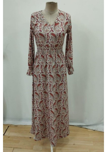 Uzun Kollu Beli Lastikli Desenli Süprem Elbise - Kahve fırsatları