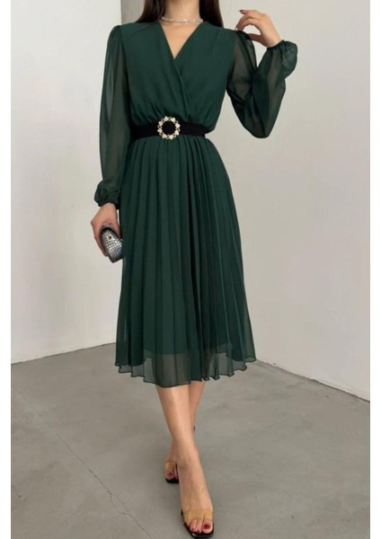 Kruvaze Yaka Şifon Kumaş Astarlı Kloş Kesim Midi Elbise - Yeşil fiyatları