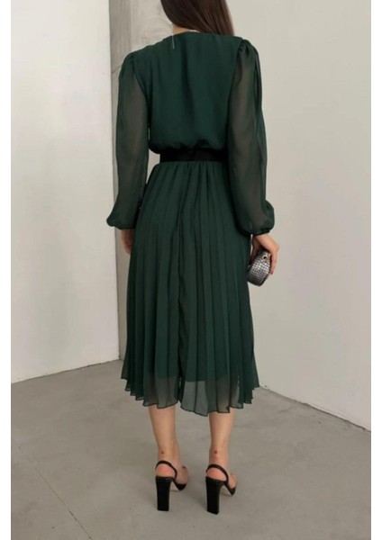 Kruvaze Yaka Şifon Kumaş Astarlı Kloş Kesim Midi Elbise - Yeşil modelleri