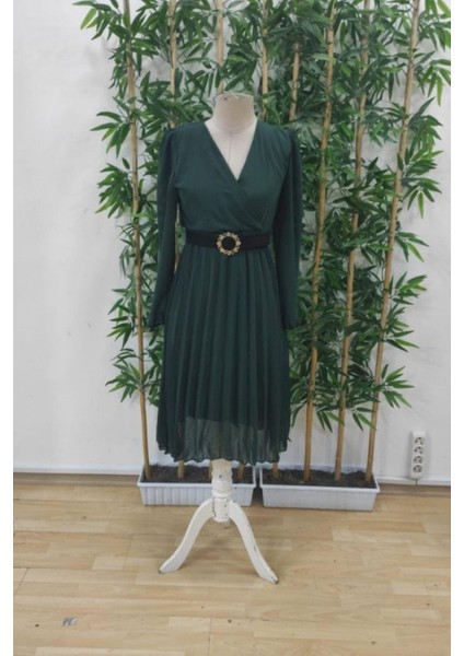 Kruvaze Yaka Şifon Kumaş Astarlı Kloş Kesim Midi Elbise - Yeşil fırsatları