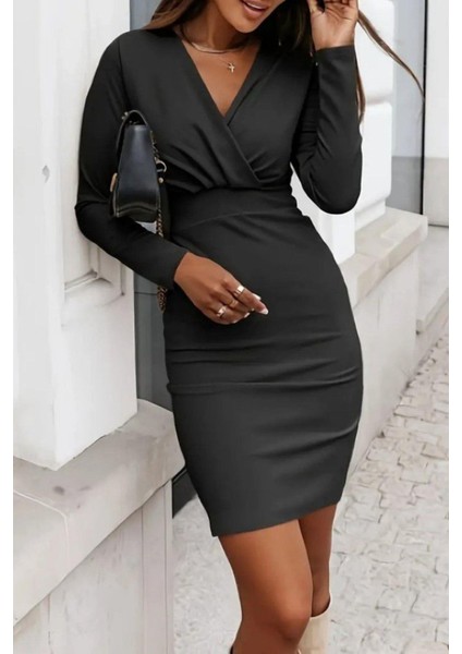 Kruvaze Yaka Ithal Krep Elbise - Siyah fiyatları