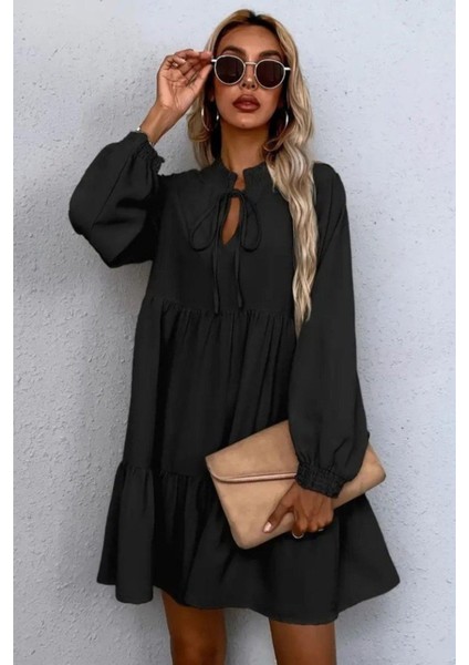 Yaka Bağlamalı Uzun Kollu Keten Elbise - Siyah fiyatları