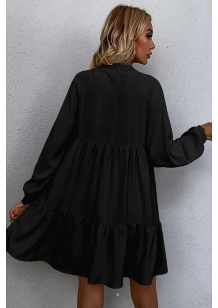 Yaka Bağlamalı Uzun Kollu Keten Elbise - Siyah modelleri