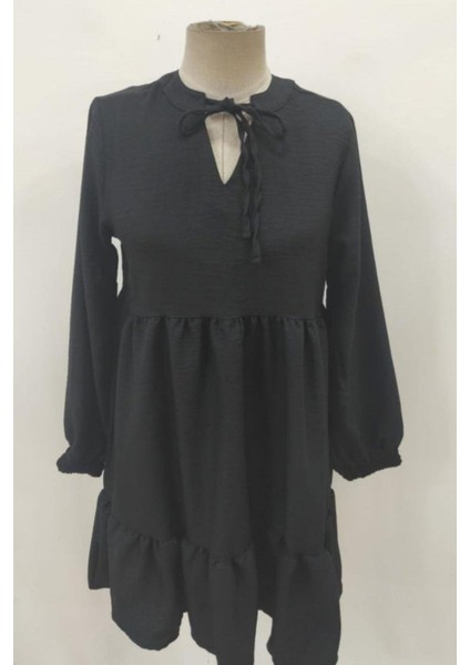 Yaka Bağlamalı Uzun Kollu Keten Elbise - Siyah fırsatları