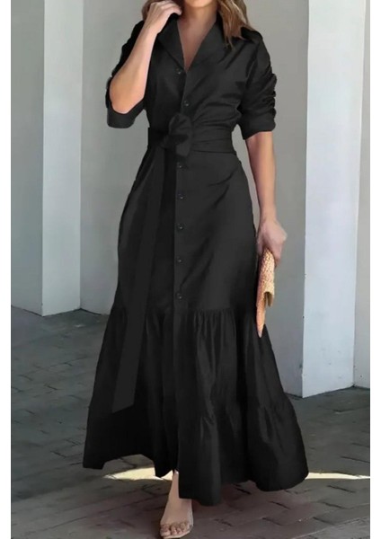 Uzun Kollu Gömlek Yaka Düğmeli Kuşaklı Uzun Elbise - Siyah