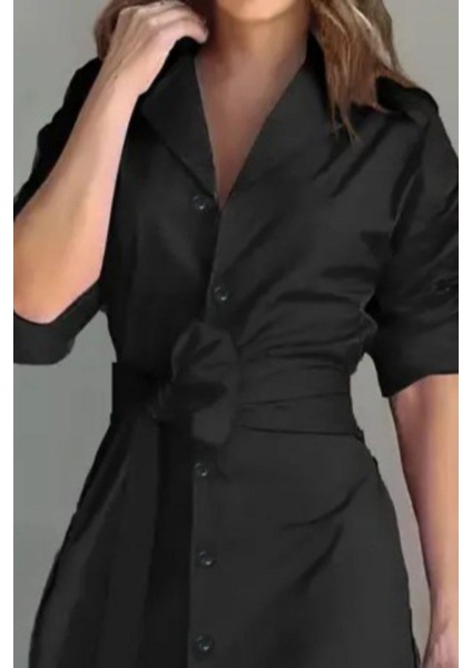 Uzun Kollu Gömlek Yaka Düğmeli Kuşaklı Uzun Elbise - Siyah fiyatları