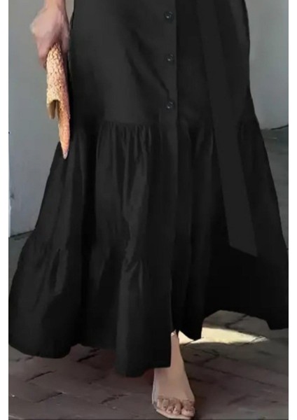 Uzun Kollu Gömlek Yaka Düğmeli Kuşaklı Uzun Elbise - Siyah modelleri
