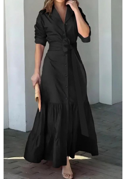 Uzun Kollu Gömlek Yaka Düğmeli Kuşaklı Uzun Elbise - Siyah fırsatları