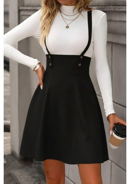 Askılı Düğme Detaylı Mini Süet Elbise - Siyah modelleri