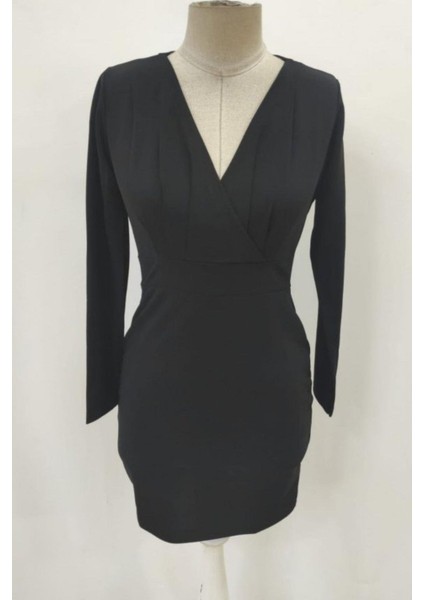 Kruvaze Yaka Ithal Krep Elbise - Siyah fırsatları