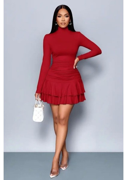 Balıkçı Yaka Büzgü Detaylı Fırfırlı Mini Sandy Elbise - Kırmızı