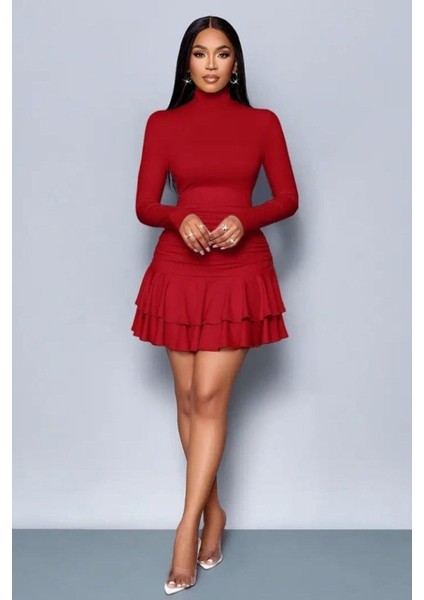 Balıkçı Yaka Büzgü Detaylı Fırfırlı Mini Sandy Elbise - Kırmızı fiyatları