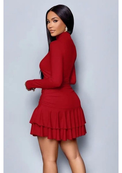 Balıkçı Yaka Büzgü Detaylı Fırfırlı Mini Sandy Elbise - Kırmızı modelleri