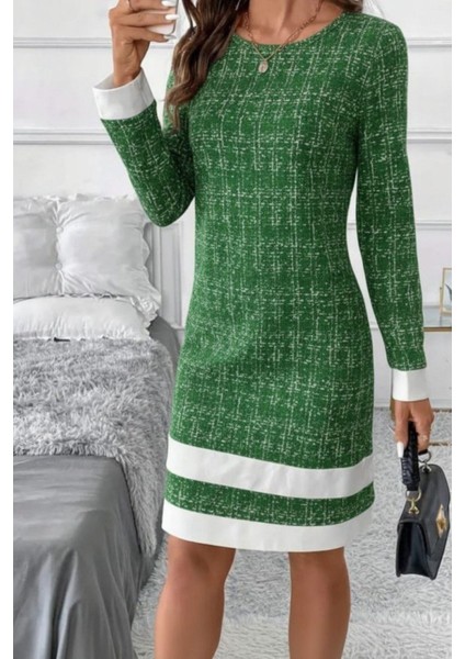 Yuvarlak Yaka Şerit Detaylı Mini Dokuma Elbise - Yeşil