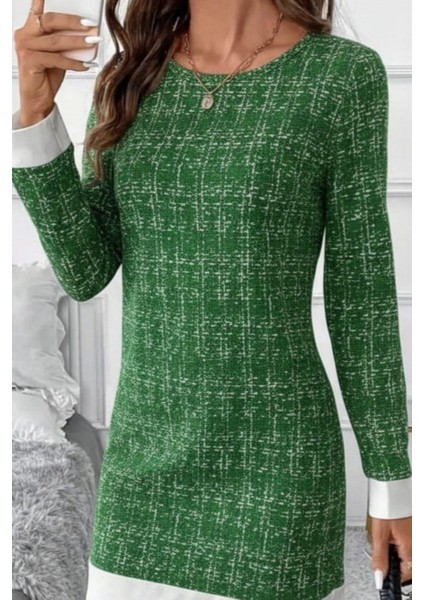 Yuvarlak Yaka Şerit Detaylı Mini Dokuma Elbise - Yeşil fiyatları