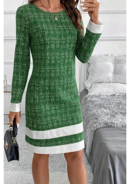 Yuvarlak Yaka Şerit Detaylı Mini Dokuma Elbise - Yeşil fırsatları