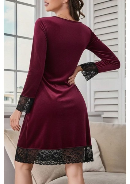 V Yaka Dantel Detaylı Mini Kadife Elbise - Bordo fiyatları