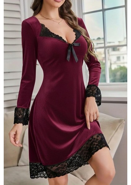 V Yaka Dantel Detaylı Mini Kadife Elbise - Bordo modelleri